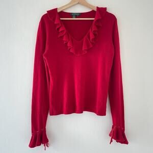 Vtg Y2K Ralph Lauren Silk Cashmere Red Knit Ruffle Sweater Sz L Coquette Fairy